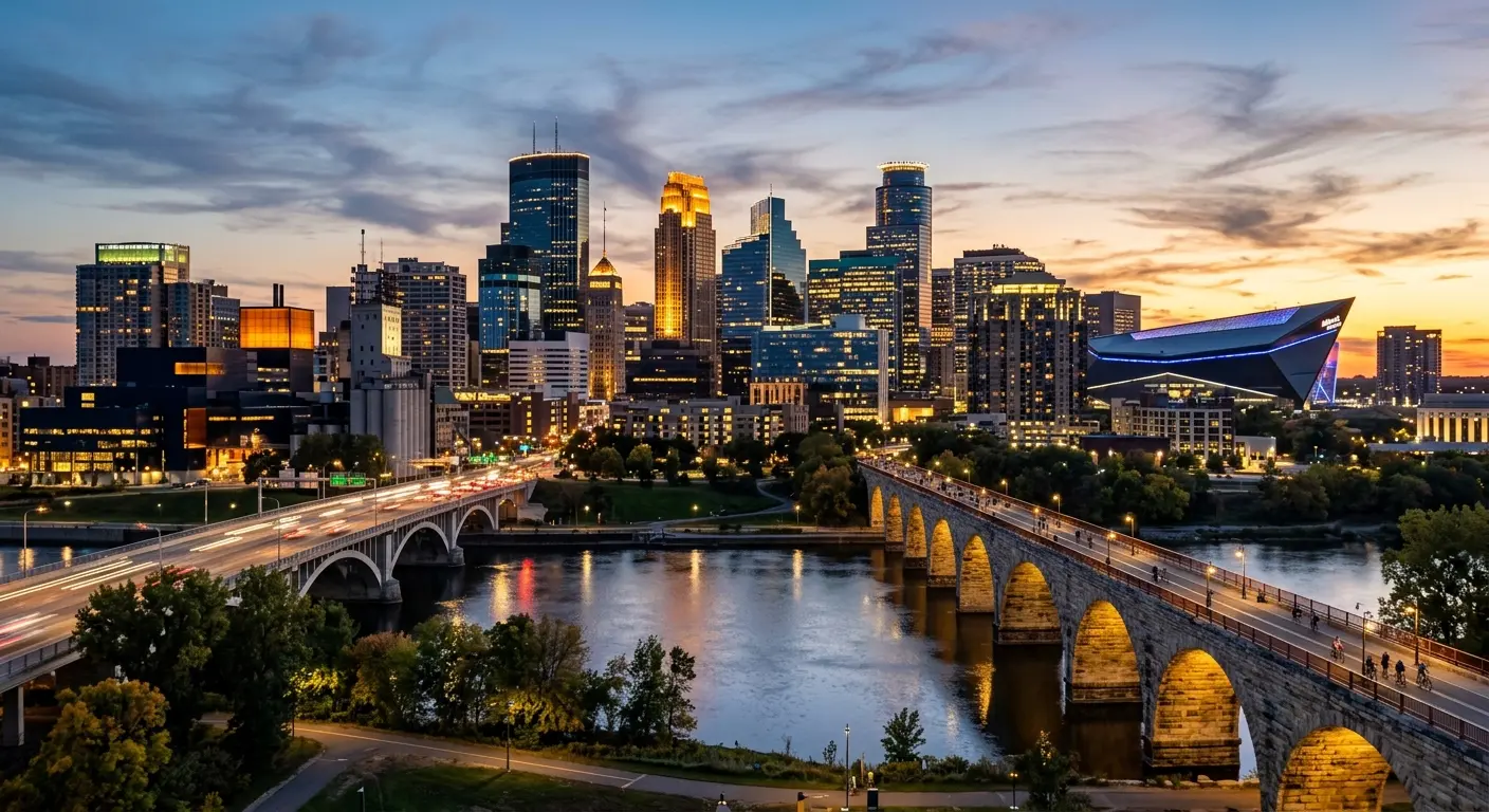 commercial-security-services-minneapolis-skyline Minneapolis skyline at dusk, home to Wellington Security's commercial security services