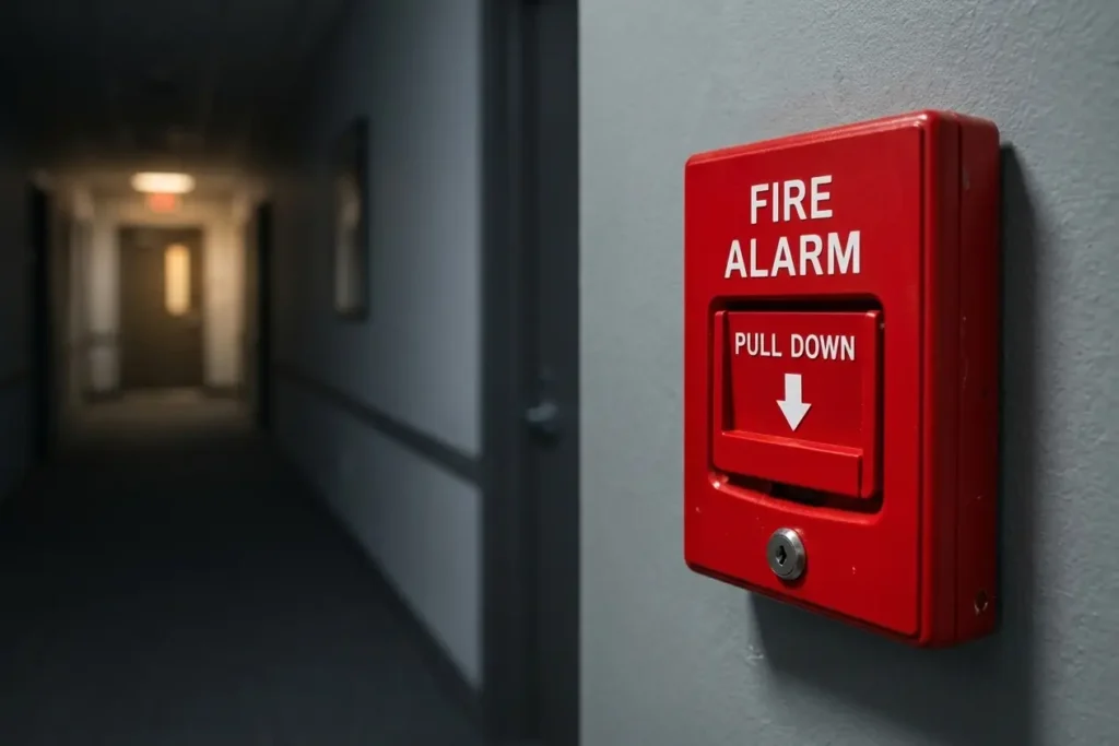 Red pull-down fire alarm system box mounted on a wall in a building hallway