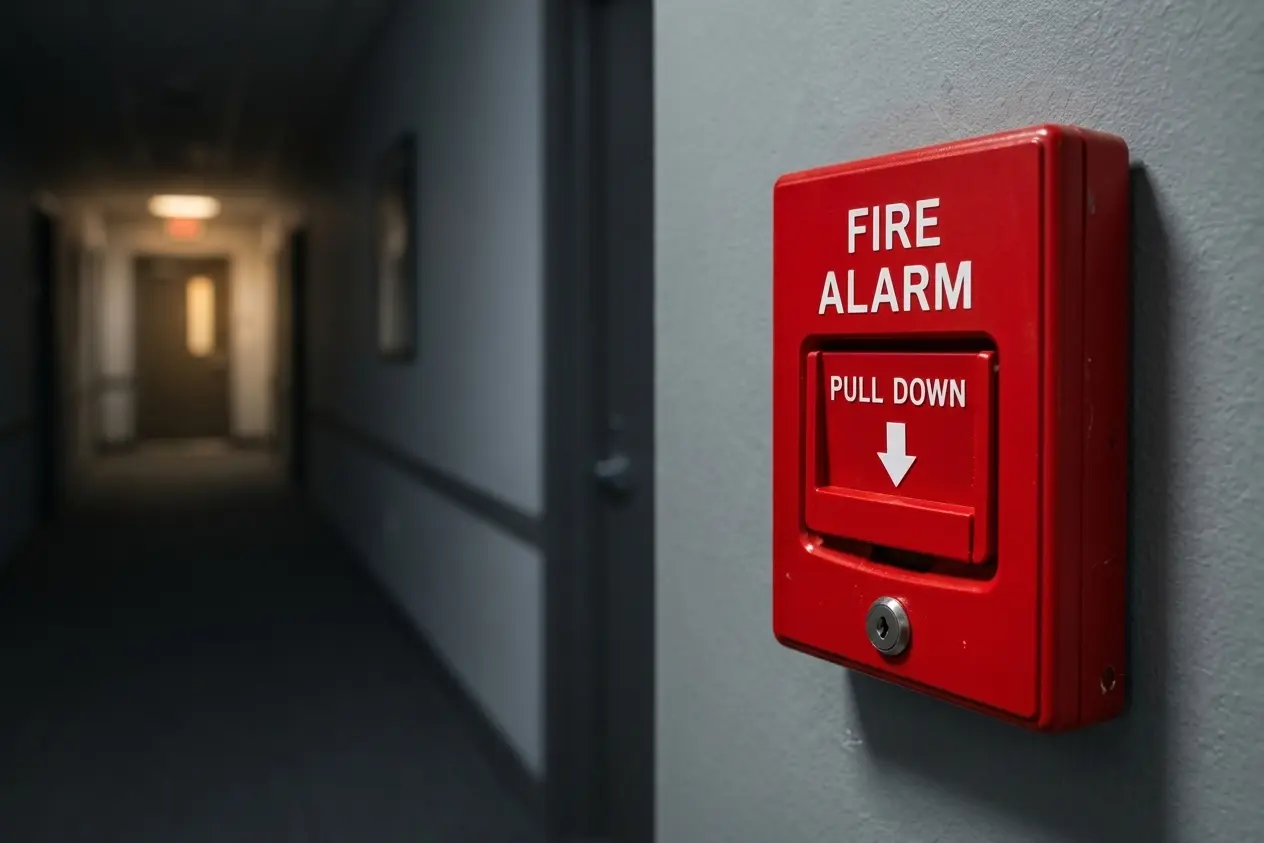 Red pull-down fire alarm system box mounted on a wall in a building hallway