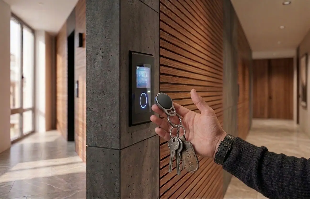 Hand using a key fob for access control at an apartment building entry keypad