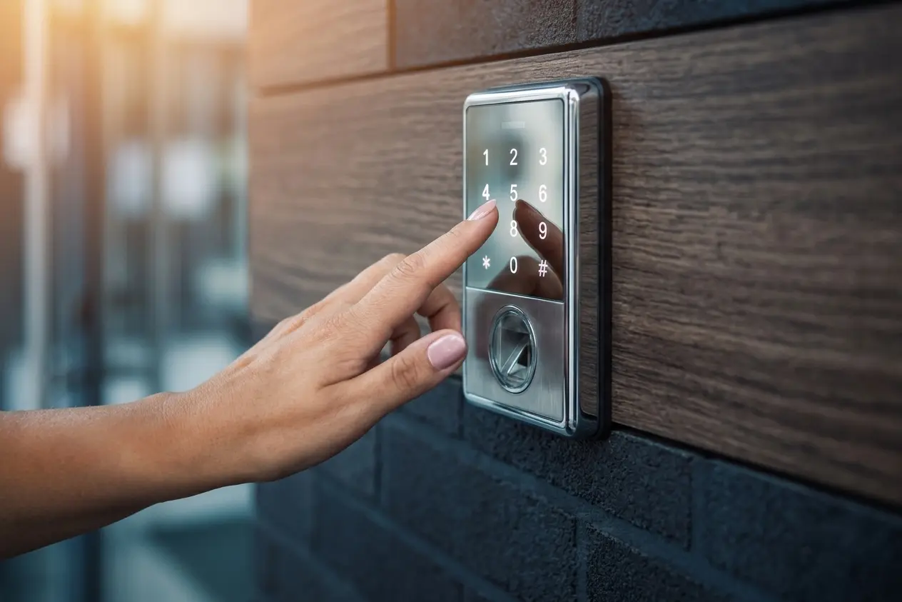 Finger entering a code on an illuminated keypad for a commercial security alarm system