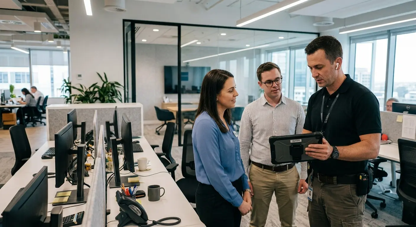 security-systems-training-office-employees-minneapolis Security technician showing office employees system information on a tablet