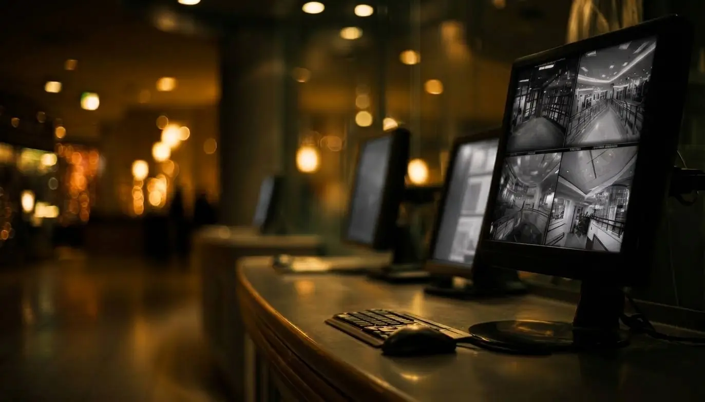 Video surveillance monitoring station with multiple CCTV camera feed displays at a building lobby desk