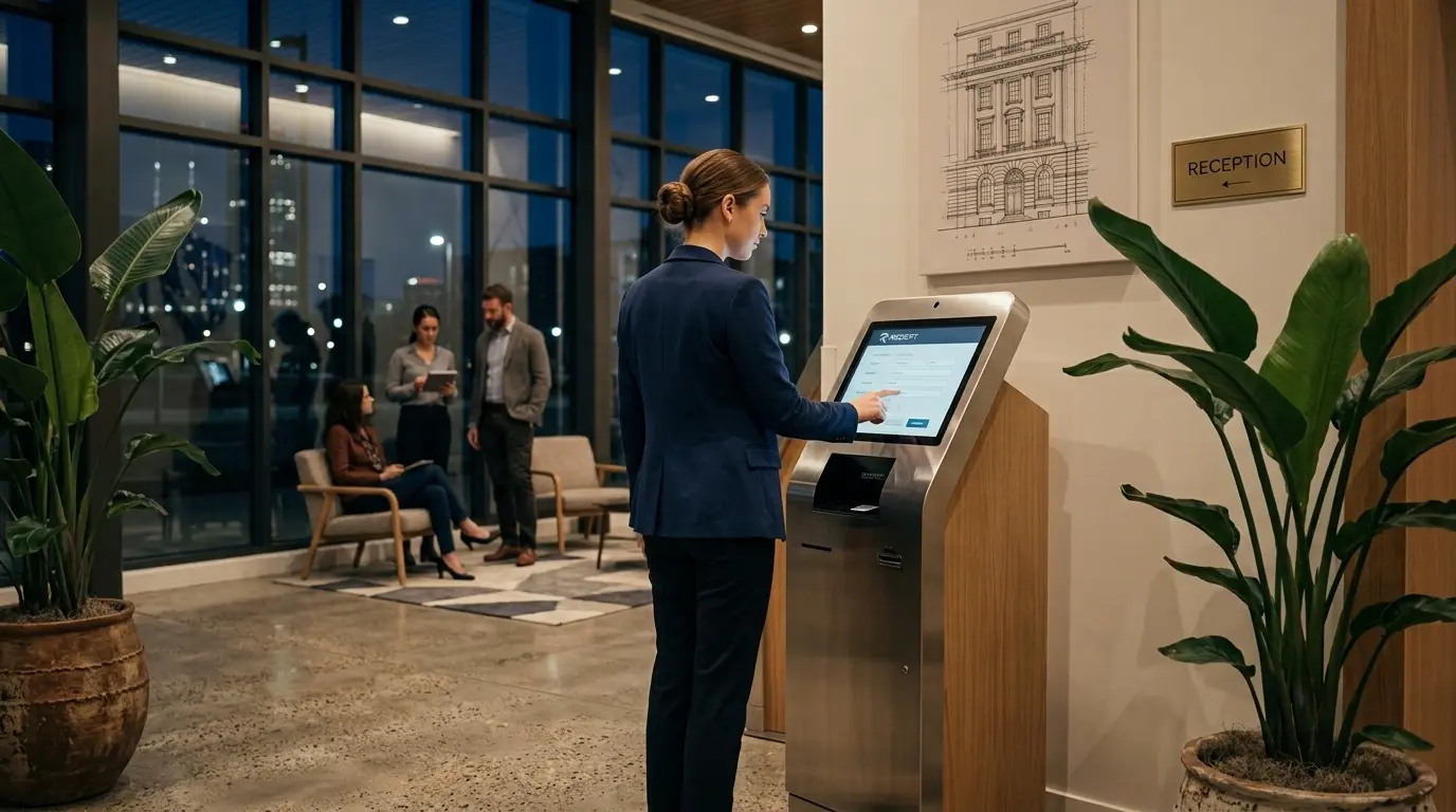 Woman using a visitor check-in kiosk at a corporate office reception desk