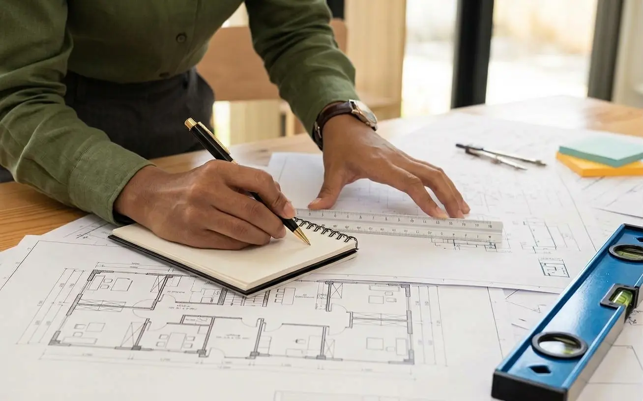 Consultant reviewing floor plans and taking notes for commercial security planning