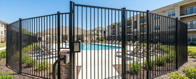 Black metal pool gate with keypad access control at a multifamily apartment community pool