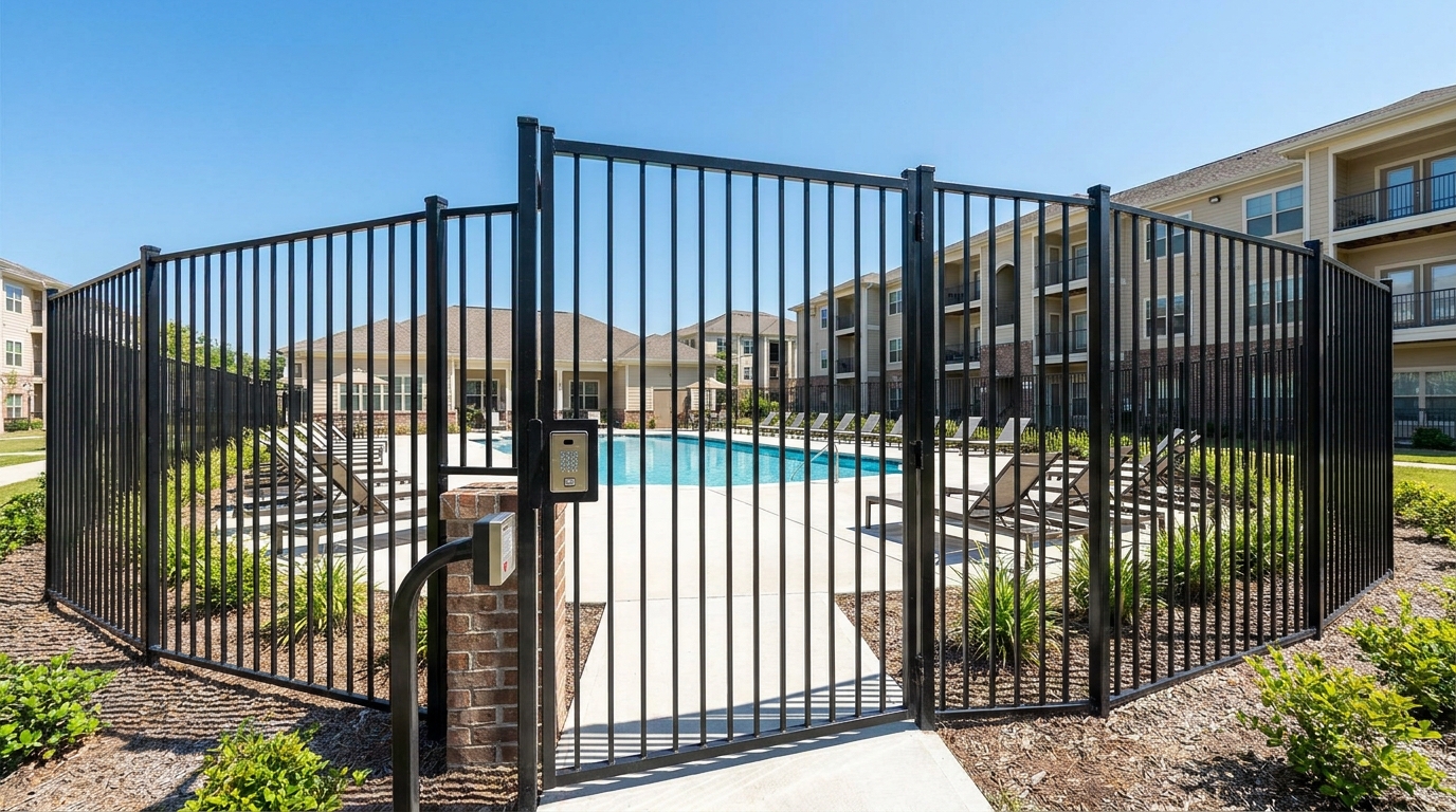 Black metal pool gate with keypad access control at a multifamily apartment community pool