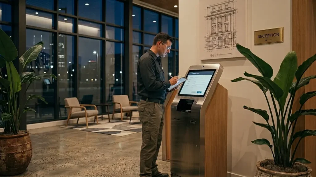 Technician performing a visitor management equipment assessment at a lobby check-in kiosk